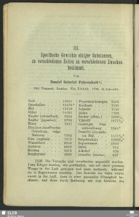 III. Specifische Gewichte einiger Substanzen, zu verschiedenen Zeiten zu verschiedenen Zwecken bestimmt