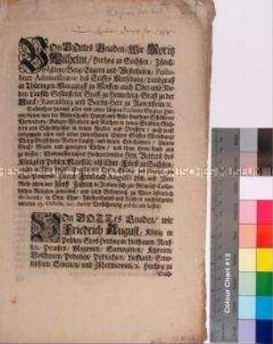 Publikation des Religionsedikts von Friedrich August I. Kurfürst von Sachsen vom 23.10.1712 durch Moritz Wilhelm Herzog von Sachsen-Merseburg