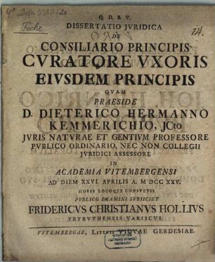 Dissertatio Jvridica De Consiliario Principis Cvratore Vxoris Eivsdem Principis