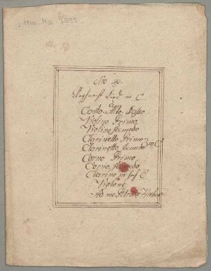 O Lieb' wie weit bist du gedrungen, V (3), orch, C-Dur - BSB Mus.ms. 7599 : [dust cover title:] Nro 49. // Weyhnacht Lied in C // à // Canto. Alto. Basso. // Violino Primo // Violino secundo // Clarinetto Primo // [brace:] in C // Clarinetto secundo // Corno Primo // Corno secundo // Clarino in hoch C // Violone // Ad me Petrum Huber