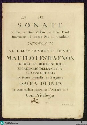Sei Sonate à Trè, o Due Violini, o Due Flauti Traversieri, è Basso Per il Cembalo : Opera Quinta