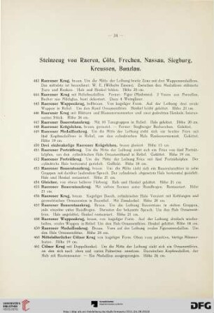 Steinzeug von Raeren, Cöln, Frechen, Nassau, Siegburg, Kreussen, Bunzlau (Nr. 443-525)