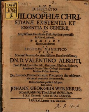 Diss. de philosophiae christianae existentia et essentia in genere