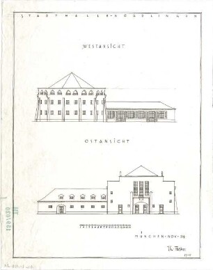 Fischer, Theodor; Nördlingen; Stadthalle - Ost - u. Westseite (Ansichten)