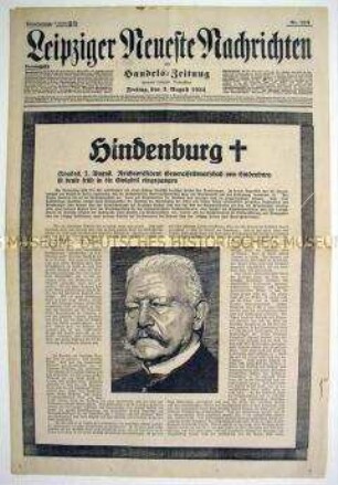 Tageszeitung "Leipziger Neueste Nachrichten" zum Tod von Hindenburg