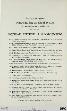 Zweiter Auktionstag: Mittwoch, den 28. Oktober 1931 (Mobiliar, Teppiche und Kunstgewerbe) (Nr. 247-796)