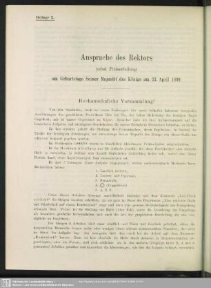 Ansprache des Rektors nebst Preiserteilung am Geburtstage Seiner Majestät des Königs am 23. April 1899