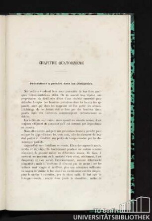Chapitre quatorzième. Précautions à prendre dans les Distilleries