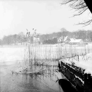 Mühlenteich mit Eisdecke: vorn rechts Mauer, in der Mitte Schilf: am gegenüberliegenden Ufer Häuser zwischen Bäumen: Winter