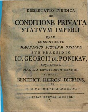 Dissertatio Ivridica De Conditione Privata Statvvm Imperii