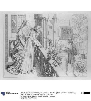 Genovefa, von Gertrud auf den Altan geführt, hört Golos Liebesklage. Blatt 5 zu "Bilder zu Tiecks Genovefa von J. Führich"