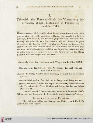 13: Uebersicht des Personal-Etats der Verwaltung der Brücken, Wege, Häfen etc. in Frankreich, im Jahr 1838