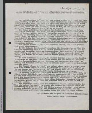 Rundschreiben von Helene Lange an die Mitglieder und Vereine des ADF