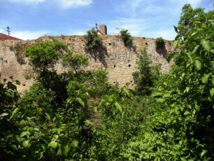Stadtbefestigung - Ansicht im Ostsüdosten-Stadtmauer über Feldseite mit erhaltenen Balkenlöchern des Baugerüsts-Wehrgang im 18 Jh abgetragen und Stadtgraben aufgefüllt