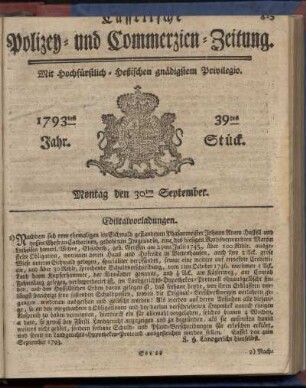 39tes Stueck, Montag den 30ten September 1793