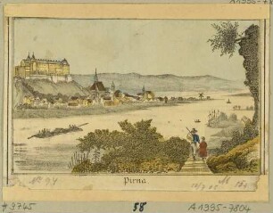 Stadtansicht von Pirna mit dem Sonnenstein und der Marienkirche, Blick über die Elbe aus nordöstlicher Richtung