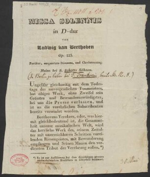 Verlagsanzeige zum Erscheinen von Ludwig van Beethovens "Missa solemnis" im Druck