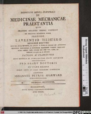 Dissertatio Medica Inavgvralis De Medicinae Mechanicae Praestantia