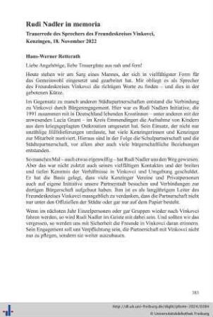 Rudi Nadler in memoriam. Trauerrede des Sprechers des Freundeskreises Vinkovci, Kenzingen, 18. November 2022