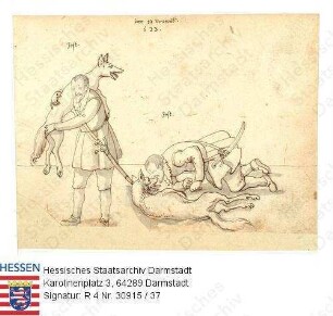 Jagd, Niddaer Sauhatz / Bild 36: Jost und ein erlegter Wolf / Jost [Burkhard Rau v. Holzhausen] mit zwei (vermutlich) Wölfen kämpfend
