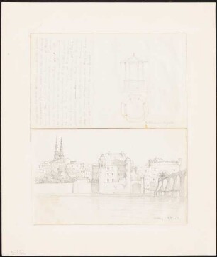 Stadtansicht mit Alter Burg, Liebfrauenkirche, Koblenz Marktbude aus der Markthalle, Koblenz: Perspektivische Stadtansicht, Marktbude Grundriss, Ansicht