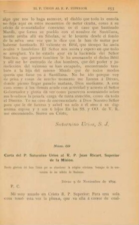 Núm. 69. Carta del P. Saturnino Úrios al R. P. Juan Ricart, Superior de la Misión