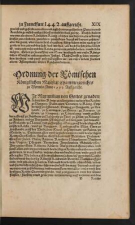 Ordnung der Römischen Königlichen Maiestat Chammergerichts zu Wormbs/ Anno 1495. Auffgericht.