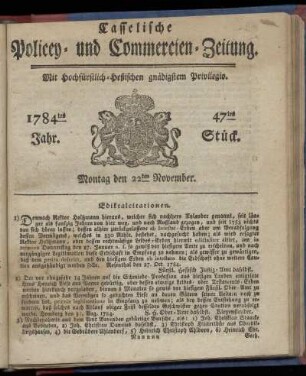 47tes Stueck, Montag den 22ten November. 1784