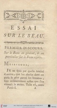 Premier discours. Sur le Beau en général, & en particulier sur le Beau visible