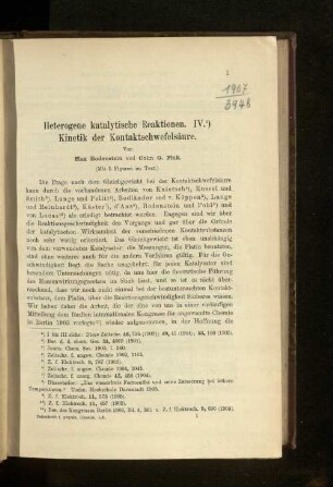 Heterogene katalytische Reaktionen. VI. Kinetik der Kontaktschwefelsäure.