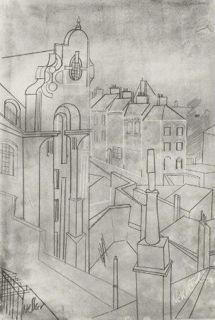 Konstruktive Stadtlandschaft mit Dächern und Schornsteinen : Konstruktive Stadtlandschaft mit Dächern und Schornsteinen. Kohle- und Bleistiftzeichnung; 56 x 38,4 cm