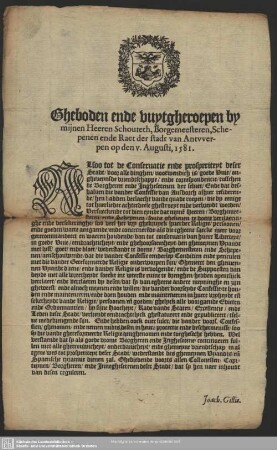 Gheboden ende vuytgheroepen by mijnen Heeren Schouteth, Borgemeesteren, Schepenen ende Raet der stadt van Antvverpen op den v. Augusti, 1581