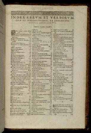 Index Rerum Et Verborum Quæ In Hieroglyphicis, Et Emlematis Medicis Continentur.