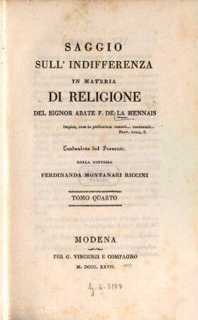 Saggio sull'indifferenza in materia di religione, 4,1 (1827)