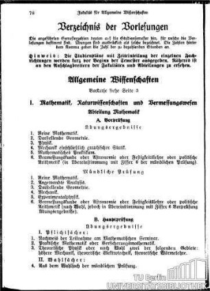Verzeichnis der Vorlesungen (Prüfungspläne und Vorlesungen) Fakultät für: Allgemeine Wissenschaften Abteilungen für Mathematik, Physik, Vermessungswesen, Chemie und Wirtschaftswissenschaft