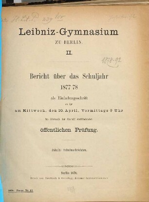 Bericht : über das Schuljahr .... 1877/78