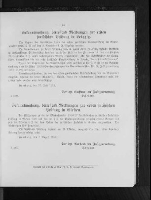 Bekanntmachung, betreffend Meldungen zur ersten juristischen Prüfung in Leipzig
