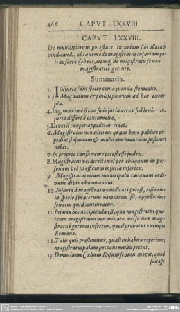 Caput LXXVIII. De municipiorum potestate iniuriam sibi illatam vindicandi, ubi quomodo magistratus iniuriam pati ac ferre debeat, itemq[ue] de magistratu se non magistratice gerante