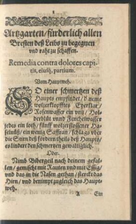 Remedia contra dolores capitis, eiusque, partium. Vom Hauptweh.