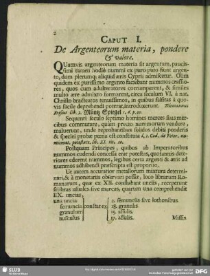 Caput I. De Argenteorum materia, pondere et valore