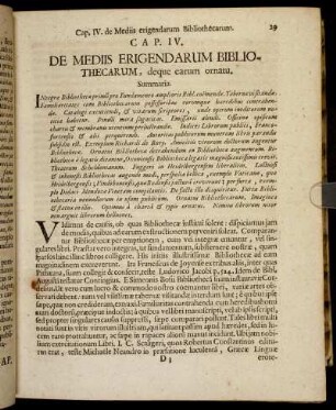 Cap. IV. De Mediis Erigendarum Bibliothecarum, deque earum ornatu