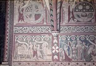 Martyrien der Heiligen Bartholomäus, Matthäus, Judas Thaddäus und Simon; oben: Scheidung von Wasser und Erde, Erschaffung der Pflanzen und von Sonne und Mond