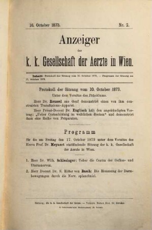 Anzeiger der K[aiserlich] K[öniglichen] Gesellschaft der Ärzte in Wien. 1873