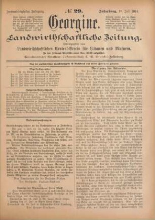 Zweiundsechzigster Jahrgang. No. 29. Insterburg, 19. Juli 1894.