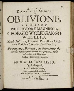 Dissertatio Medica De Oblivione