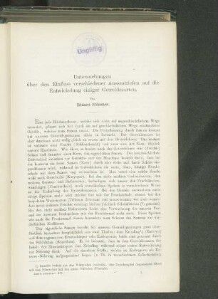 Untersuchungen über den Einfluss verschiedener Aussaattiefen auf die Entwickelung einiger Getreidesorten