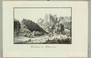 Die Hohnsteiner Mühle im Polenztal vor dem Hockstein mit hölzerner Teufelsbrücke (bis 1843) bei Hohnstein in der Sächsischen Schweiz