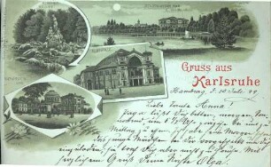 Postkartenalbum. "Gruss aus Karlsruhe". Nymphengruppe, Stadtgartensee mit Festhalle, Vierordt-Bad und Festhalle