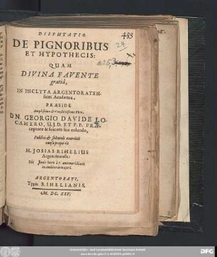 Disputatio De Pignoribus Et Hypothecis