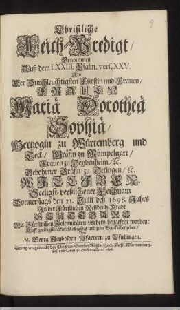(SEYB): Christliche Leich-Predigt ... auß dem LXXIII. Psalm, vers. XXV. Als Der ... Mariae Dorotheae Sophiae, Hertzogin zu Würtemberg und Teck ... Leichnam ... den 21. Julii deß 1698. Jahrs Jn ... Stuttgart ... beygesetzt worden
